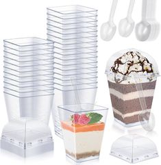 there are many plastic cups with desserts in them