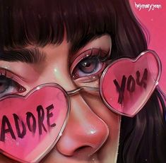 a woman with heart shaped glasses that say i love you and the words adore written on them