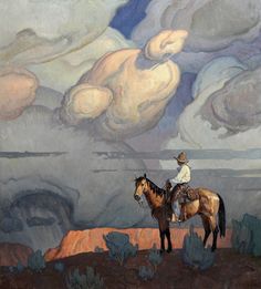 a painting of a man on a horse in the desert with clouds above him and behind him