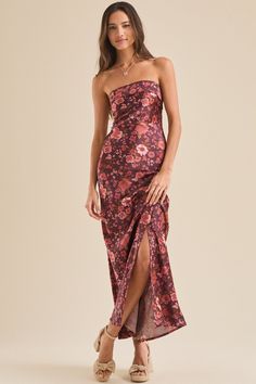 Paityn Strapless Floral Maxi Dress in Burgundy | Altar'd State White Dress Skirt, Printed Prom Dresses, Floral Bridesmaid Dresses, Lavender Dresses, Strapless Floral Dress, Bow Dress, Sweetheart Dress, Bow Back