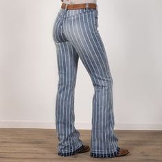 Rock & Roll Cowgirl Pinstripe Trousers Fitted Striped Denim Jeans, Casual Mid-rise Bottoms With Vertical Stripes, Striped Fitted Straight Leg Jeans, Striped Mid-rise Denim Jeans, Rock And Roll Denim, Dressy Jeans, Pinstripe Trousers, Bell Jeans, Super Flare Jeans