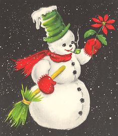 a drawing of a snowman holding a holly berry