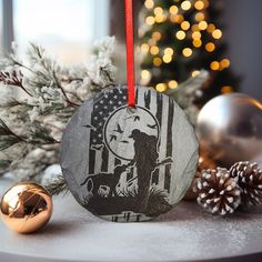 a stone ornament with an image of a bear and the american flag on it