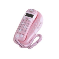 an old style pink telephone with hello kitty on the dial panel and flower design buttons