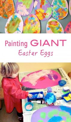 a young child painting giant easter eggs with paint