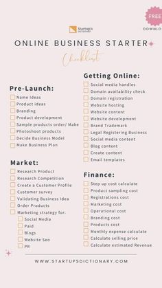 the online business starter checklist is shown in pink and white with an orange stripe