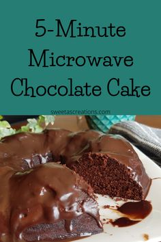 a chocolate cake on a white plate with the words 5 - minute microwave chocolate cake