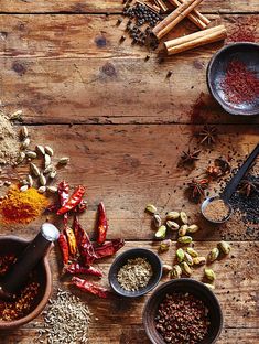 spices and seasonings on a wooden table