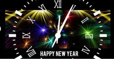 a happy new year clock with fireworks in the background