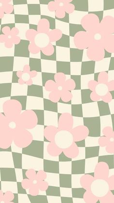 a checkered background with pink flowers on it