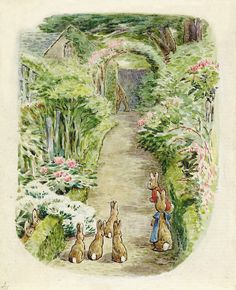 an illustration of rabbits in a garden with flowers and trees around them, from the tale of peter rabbit