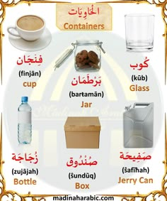 an arabic language poster with different items in english and arabic, including water, coffee, tea