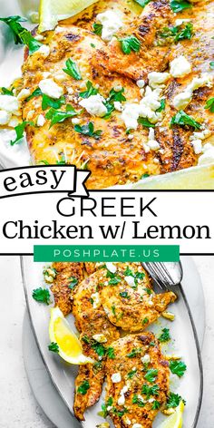 easy greek chicken w / lemon recipe on a plate