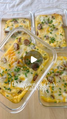 three casserole dishes with sausage and cheese in them