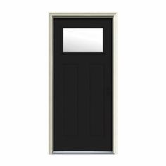 a black door on a white wall with a glass paneled in to the side