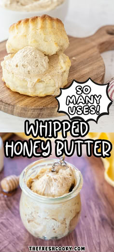 A fresh hot biscuit with a scoop of whipped honey butter on top and in a jar with a spreader. Make Honey Butter, Best Honey Butter Recipe, Huckleberry Honey Butter, Jim N Nicks Honey Butter Recipe, Recipe For Honey Butter, Heavy Whipping Cream Butter Recipes, Making Flavored Butter, Diy Whipped Butter, Peach Honey Butter