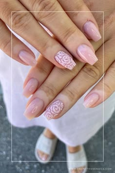 rose nails designs Dusty Rose Nails Design Wedding, Pink Nails With Roses, Romantic Nails Brides, Rose Inspired Nails, Pink Rose Nail Designs, Pink Wedding Nails For Bride, Roses On Nails