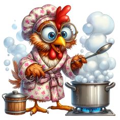 a cartoon chicken cooking on the stove with bubbles coming out of it's eyes