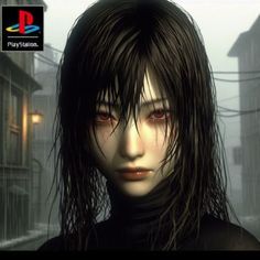 an animated image of a woman with long hair and red eyes in front of a city street