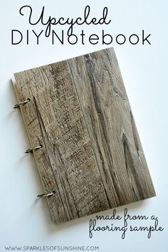 an upcycled notebook made from a wooden plank is shown with the title text overlay