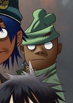 two cartoon characters one with blue hair and the other with green hair, both staring at something