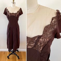 Gorgeous brown dress with mesh/illusion neckline and lace detail. Ruching at the waist makes this so flattering. Metal zipper up the back with keyhole opening at the neck with hook-and-eye closure.  DETAILS Best fits: Medium (check measurements below for exact sizing and compare to a dress you own to ensure proper fit) Condition: Great vintage. Armpits show slight discoloration. Some small pulls in the fabric.  Label: None--I think this was homemade Size on tag: none Material: Feels like crepe, plus lace and mesh MEASUREMENTS Taken from seam to seam while the garment is lying flat. Double the armpit/hole, waist, and hips. Length: 46" Bust (armpit to armpit): 18"  Waist: 14" Hips: 19" Arm hole: 7" Thanks so much for looking! I'm always happy to chat if you have questions. Dress With Ruching, Short Sleeved Dress, Illusion Dress, Illusion Neckline, Sleeved Dress, Dress With Lace, Brown Dress, Hook And Eye, Metal Zipper