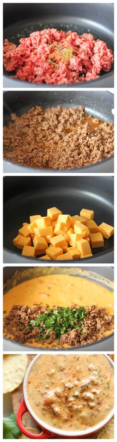 four different pictures of food in pans with cheese and meat on the top one