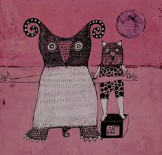 a drawing of an owl standing next to a woman in a dress on a pink background