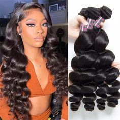 Hand holding four bundles of Ishow Brazilian loose wave hair extensions in natural black color Weave Hair Color, Brazilian Human Hair Weave, Brazilian Loose Wave, Loose Waves Hair, Malaysian Hair, Hair Weft, Brazilian Human Hair, Loose Waves, Hair Color For Black Hair