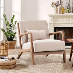 a living room scene with focus on the chair and coffee table in the foreground