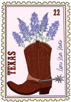 a postage stamp with a cowboy boot and flowers