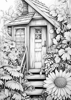 a drawing of a house in the woods with flowers around it and stairs leading up to it