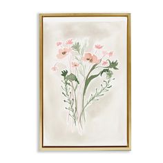 a painting with pink flowers in it on a white wall next to a wooden frame