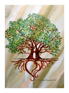 a painting of a tree with green leaves and brown roots on a white cloth background