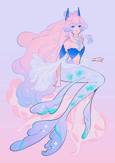 a drawing of a mermaid sitting on top of a pink and blue background with stars