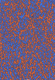 an orange and blue background with small red dots