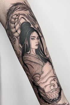 Asian Art Tattoo Women, Woman With Tattoos Sleeves, Cool Asian Tattoos, Chinese Geisha Tattoo, Japanese Women Tattoo For Men, Geisha Tattoo Design Colored, Dragon Geisha Tattoo, Tattoo Ideas Female Asian, Japanese Tattoos For Women Feminine