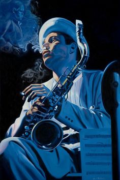 a painting of a man playing a saxophone