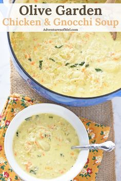 a white bowl filled with chicken and gnocchi soup on top of a table