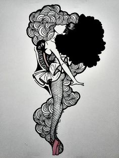 a black and white drawing of a woman with curly hair wearing a dress, high heels