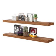 two wooden shelves with various items on them