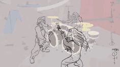 a drawing of two people playing instruments in front of a drum player and another person