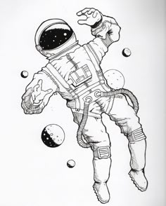 a drawing of an astronaut floating in space with his arms out to the side and feet up