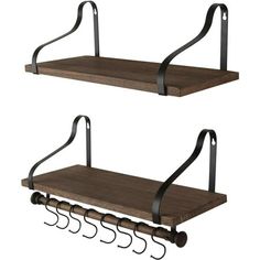 two wooden shelves with metal handles and hooks