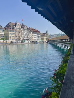 the water is blue and clear with buildings on both sides, along with flowers in the foreground