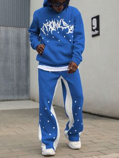 Men's Gothic Letter & Star Print Hoodie And Sweatpants Set, Fall/Winter Blue Casual    Colorblock,Geometric,Graphic,Letter  Slight Stretch  Men Clothing, size features are:Bust: ,Length: ,Sleeve Length: African American Streetwear, Fall Drip Outfits Men, Swag Outfits Men Streetwear, Y2k Outfits Men, Hoodie And Sweatpants Set, Apparel Design Inspiration, Drip Outfit Men, Streetwear Inspo, Swag Outfits Men