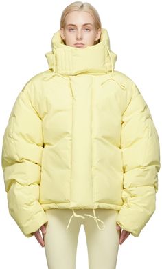 Long sleeve down-filled canvas jacket in yellow. · Concealed zip closure · Velcro placket · Welt pockets at waist · Adjustable hem · Zip pocket at interior · Fully lined · Tonal hardware Supplier color: Blonde Fill: 90% duck down, 10% duck feather. Nike Puffer Jacket Vintage, Canvas Jacket, Warm Down, Standing Collar, Jacket Parka, Jacket Design, Down Coat, Puffer Coat, Winter Women