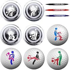 six golf balls with different colored logos on them