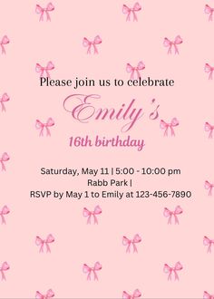 a pink birthday party card with bows on the front and bottom, says, please join us to celebrate