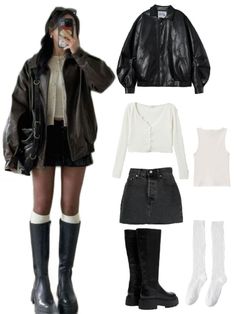 Brown Leather Jacket Skirt Outfit, Back Boots Outfit, Tank Top Jacket Outfits, Denim Skirt And Leather Jacket, Outfit With A Leather Jacket, Outfits With Black Leather Boots, Outfit Inspo With Boots, How To Style A Bomberjack, Leather Jacket Inspo Outfit